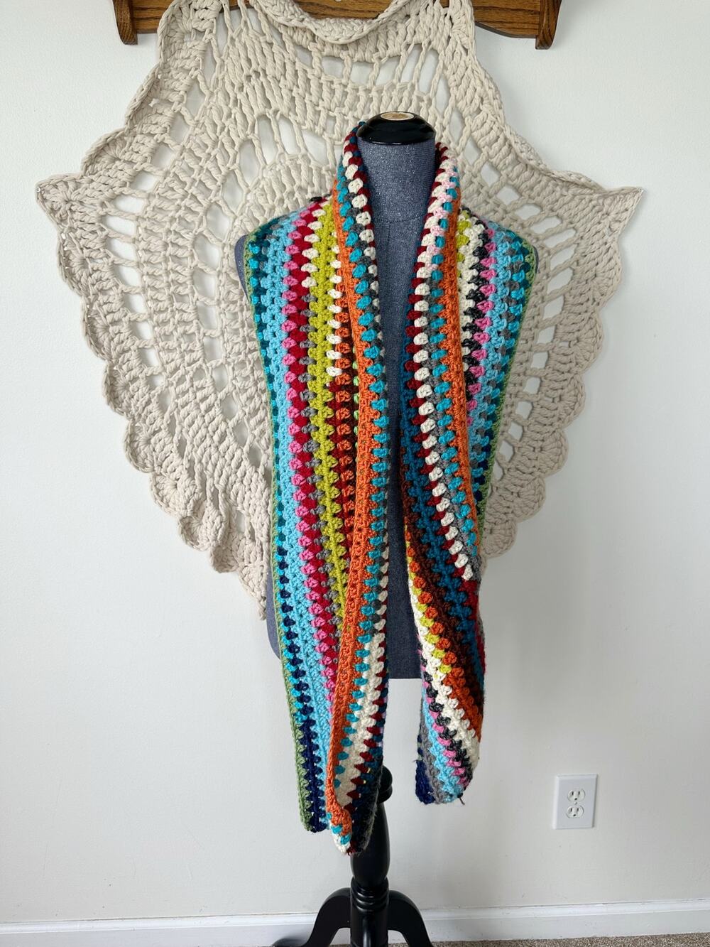 Handmade Crochet Granny Striped Rainbow Scarf